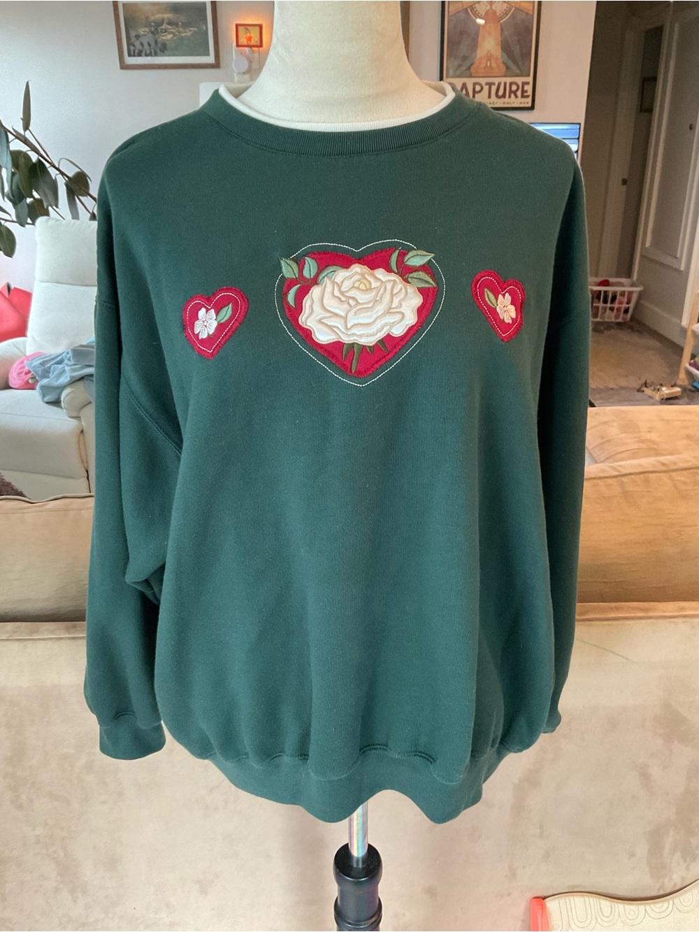 🪴Vintage Grandma Floral Heart White Rose Applique Green Sweatshirt 2X/Oversized